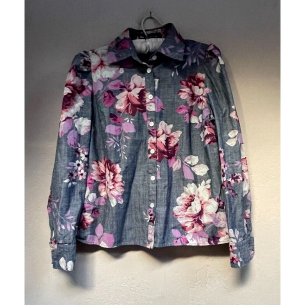 Jill Jill Stuart Womens Floral Chambray Shirt Sz 4 Gray Puff Sleeve Lightweight